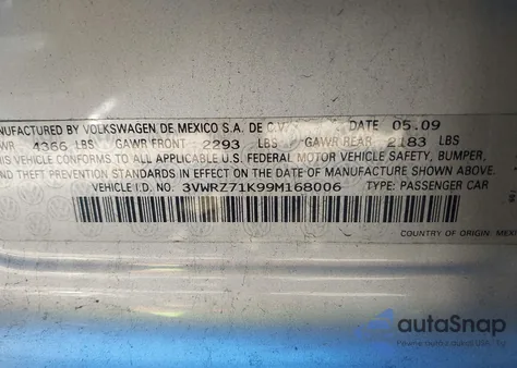 2009 Volkswagen Jetta Se z USA, uszkodzony, nr VIN 3VWRZ71K99M168006